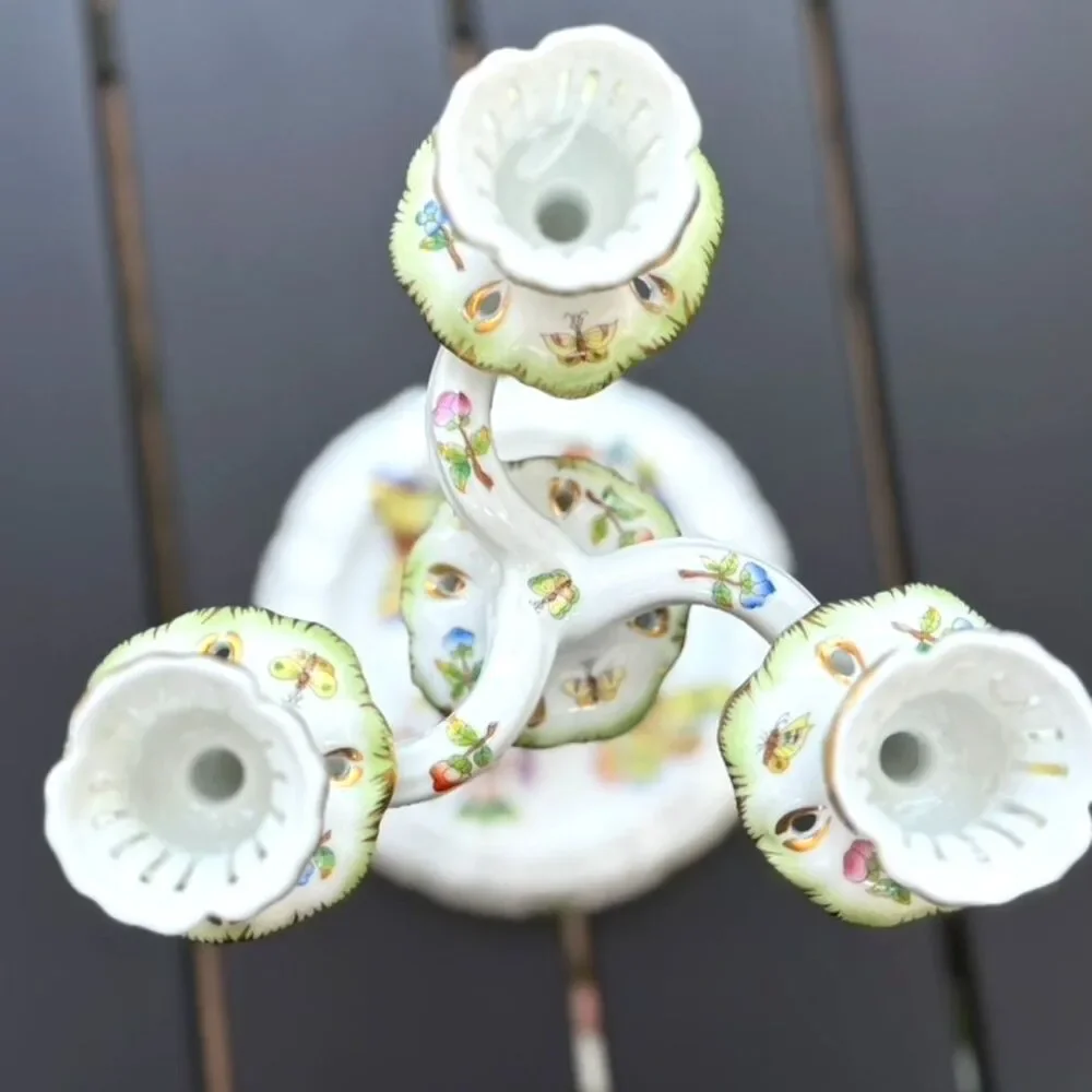 VTG Herend Queen Victoria Green Border Floral Butterfly Triple Candlestick SZ 9